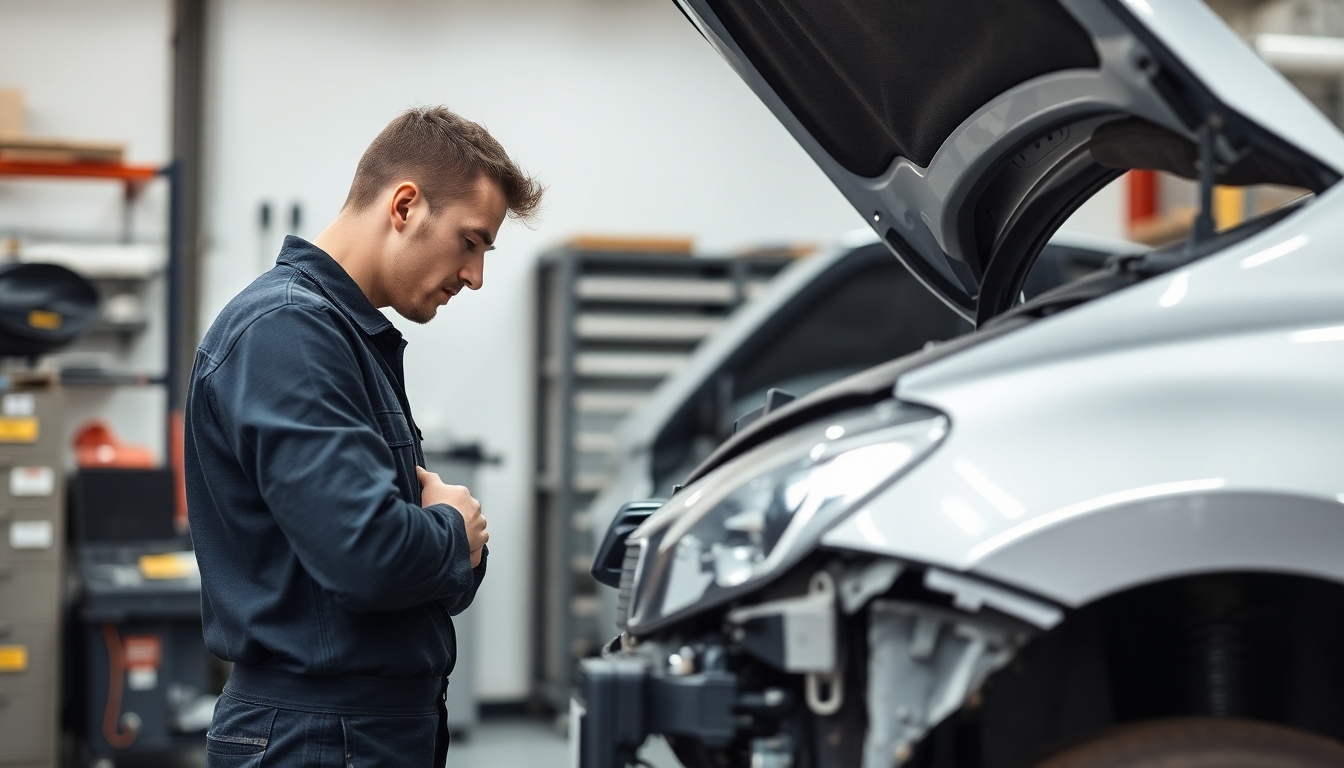 Kollision: Mechaniker in der Werkstatt untersucht Unfallauto