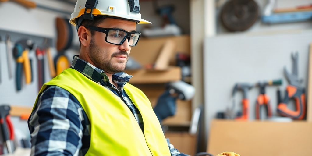 Bauarbeiter mit Sicherheitsausrüstung in einer Werkstatt.