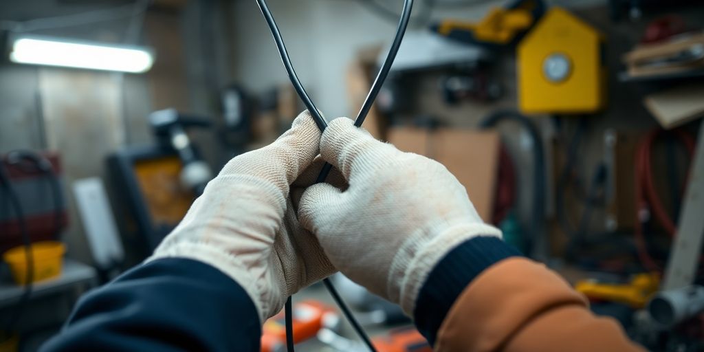 Unfallgefahr: Person mit isolierten Handschuhen und elektrischen Drähten.