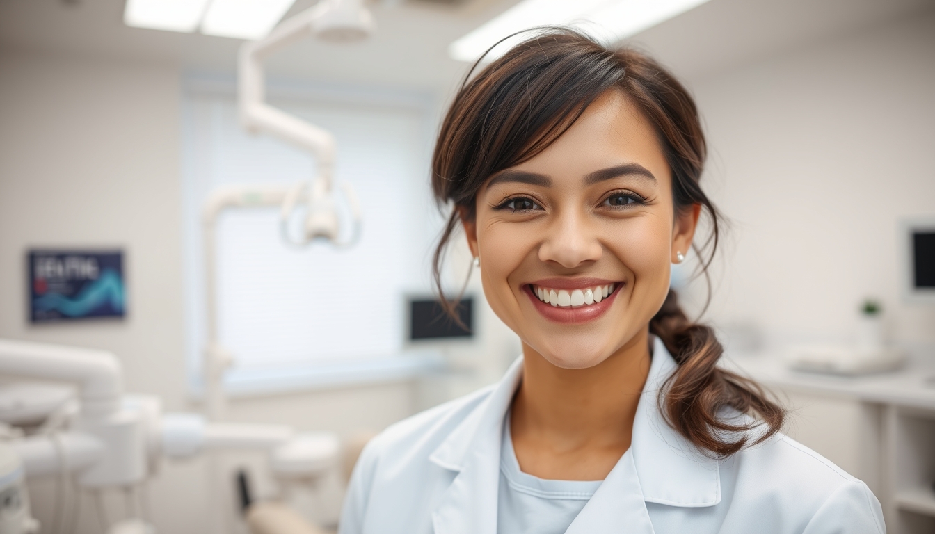 Smiling dentist in a modern dental office.