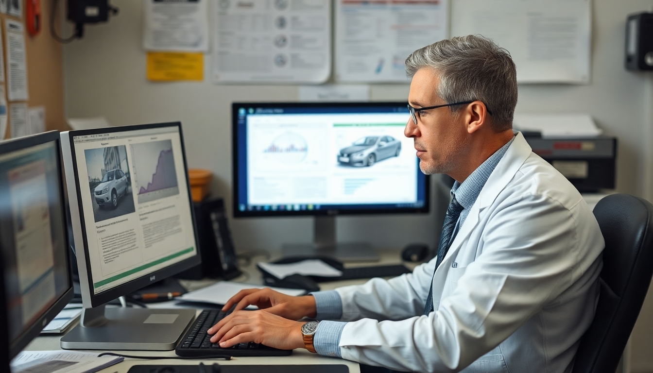 Automotive expert analyzing accident reports at a computer.