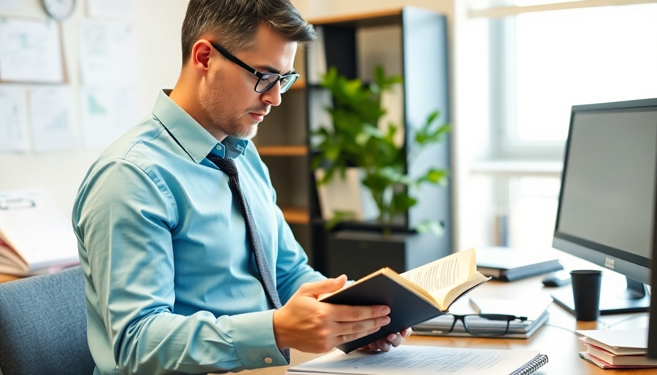 Expert reading in an office about accident assessments.
