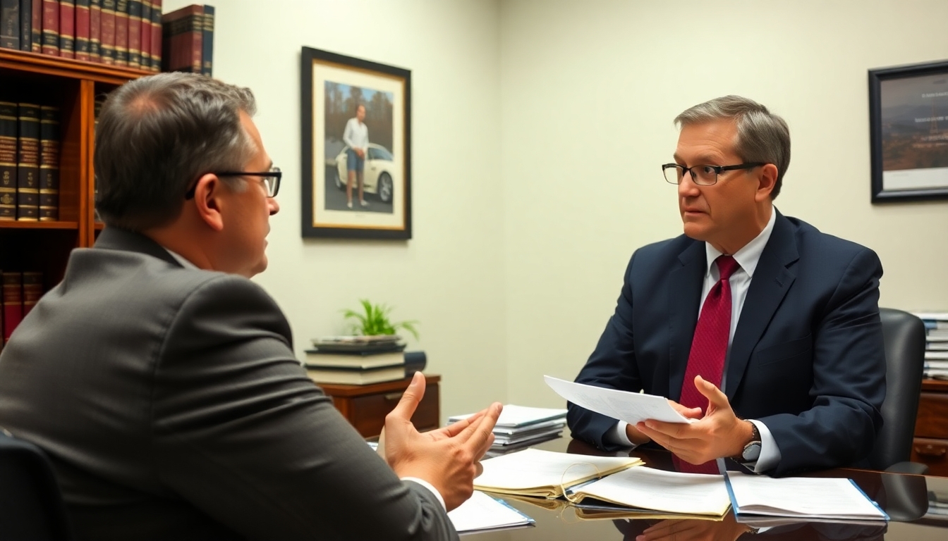 Lawyer discussing accident evaluations in an office.