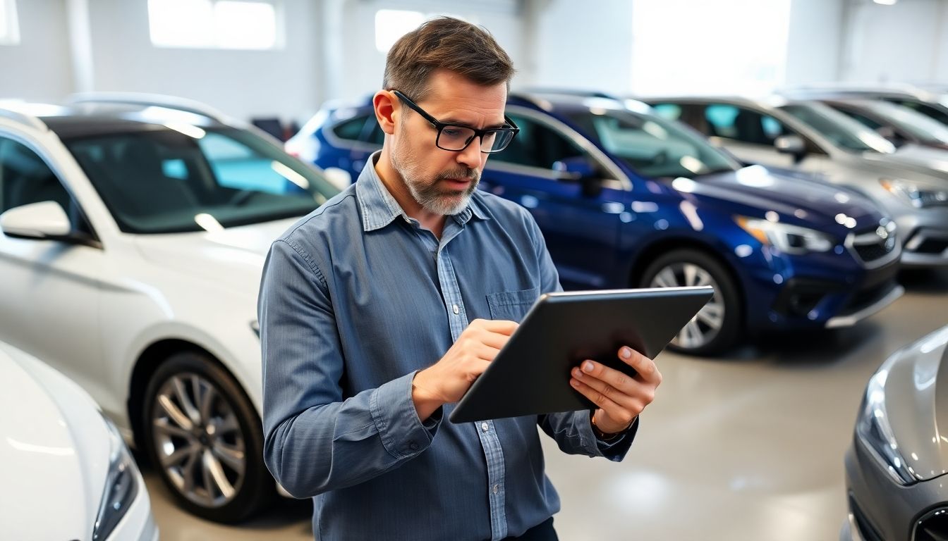 Expert evaluating used car value with tablet in garage.