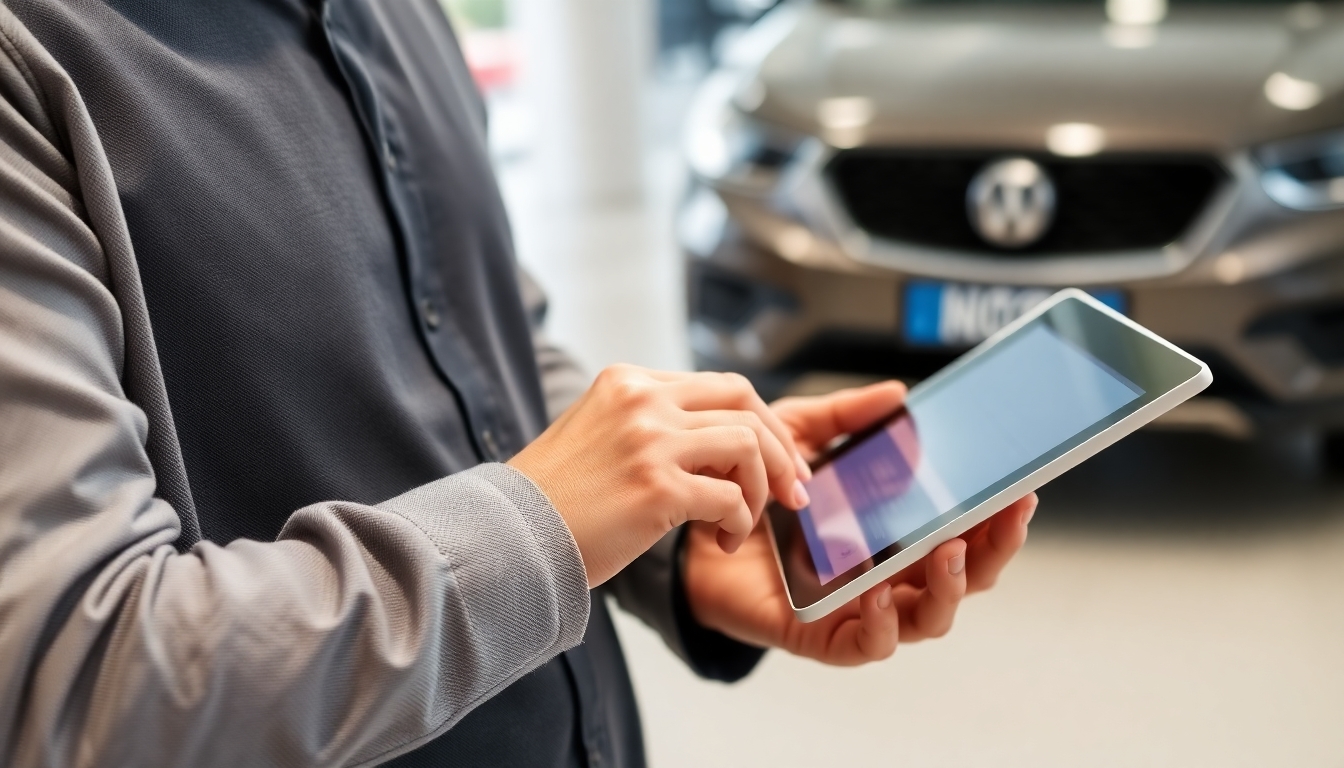 Customer with tablet reviewing vehicle documents.