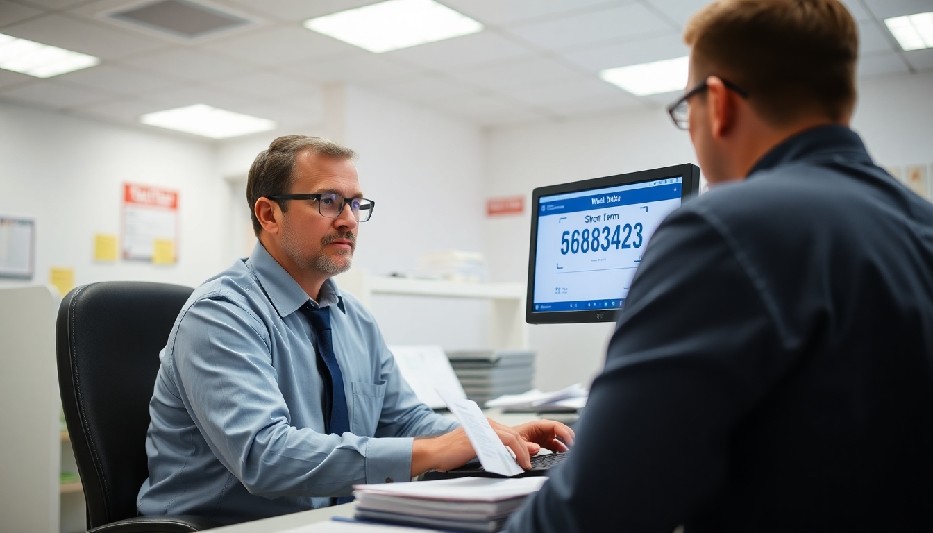 Clerk at computer handling vehicle registration tasks.