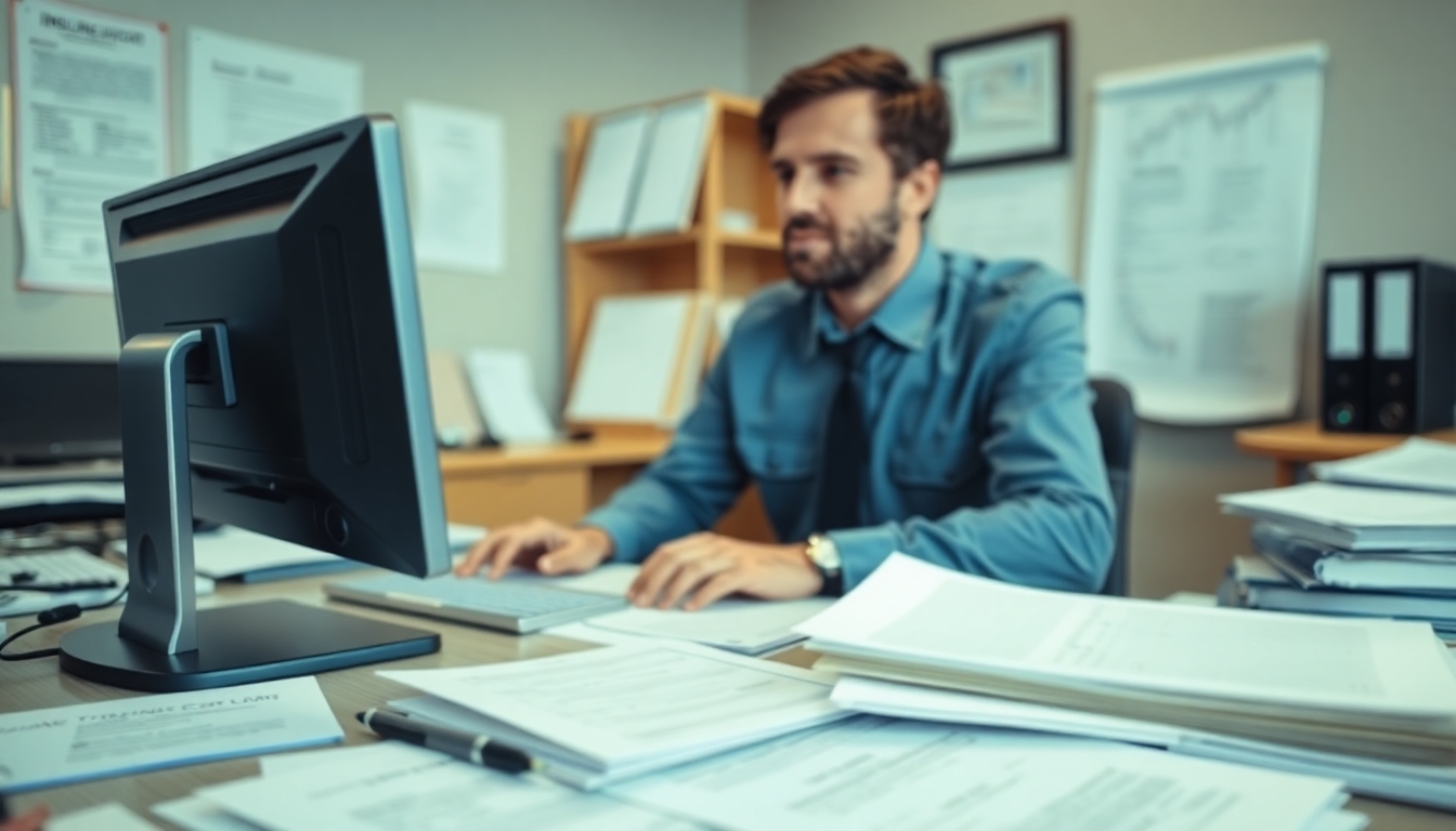 Claims adjuster at a computer in an office setting.