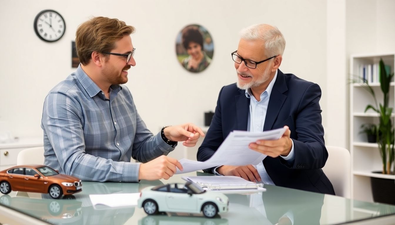 Insurance advisor consulting with a customer about car parts.