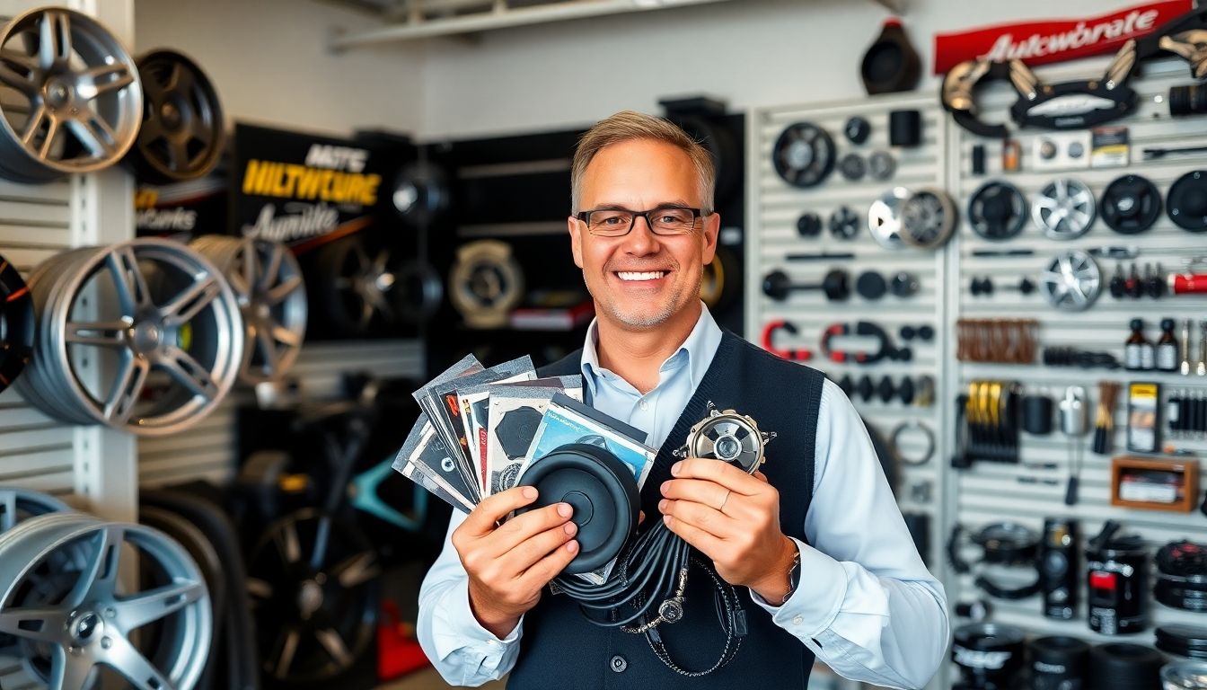Car dealer with automotive accessories in hand.