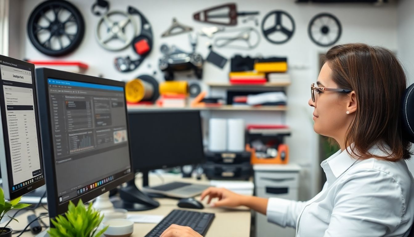 Sachbarbeiterin prüft am PC KFZ Ersatzteile