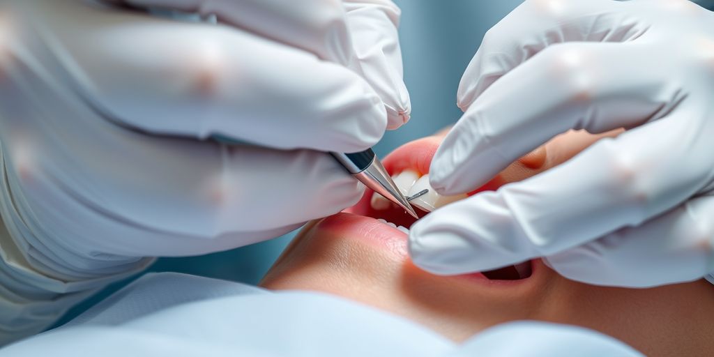 Dentist's hands working on a patient's tooth.
