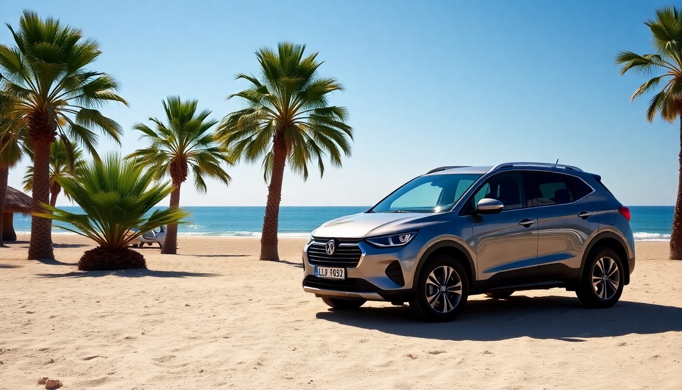 Rental car on a Mallorca beach with palm trees.