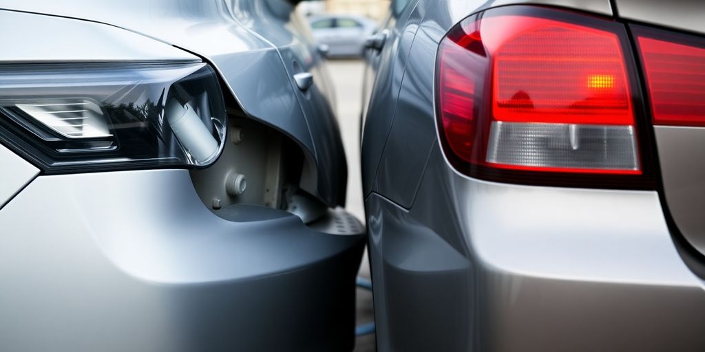 Zwei Autos nach einem Auffahrunfall, sichtbare Schäden.