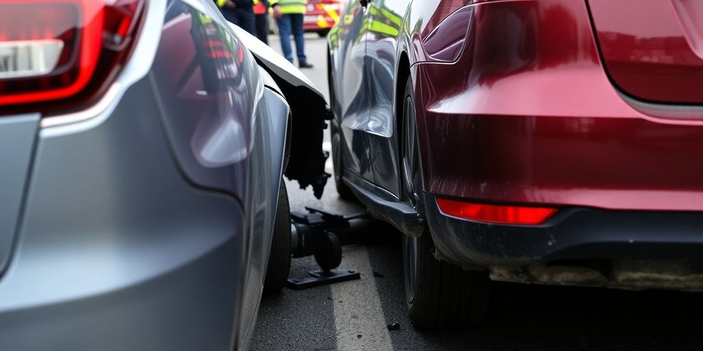 Zwei Autos nach einem Auffahrunfall mit sichtbaren Schäden.