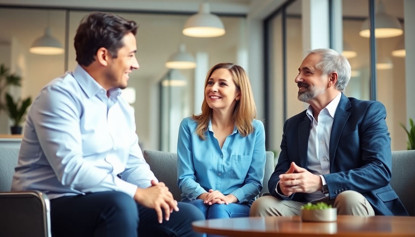 Insurance advisor and client in a bright office setting.