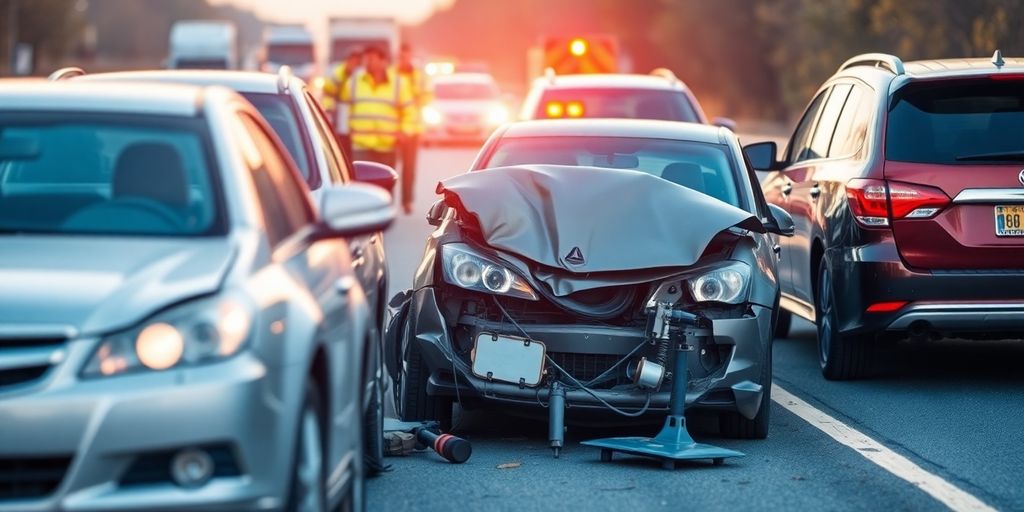 Unfall mit beschädigten Autos und Rettungskräften.