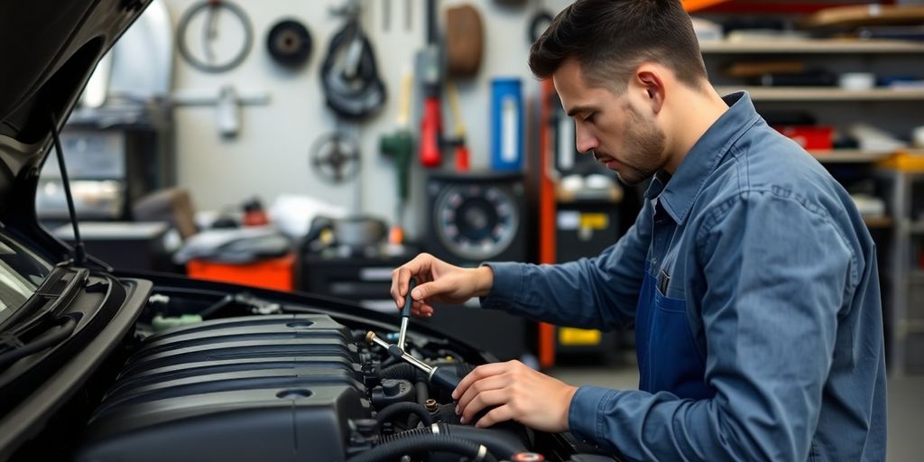 Mechaniker überprüft Motor vor Reparaturgenehmigung.
