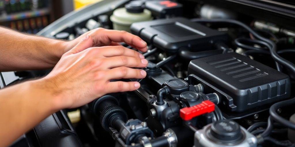 Mechaniker prüft Motor vor Reparaturgenehmigung.