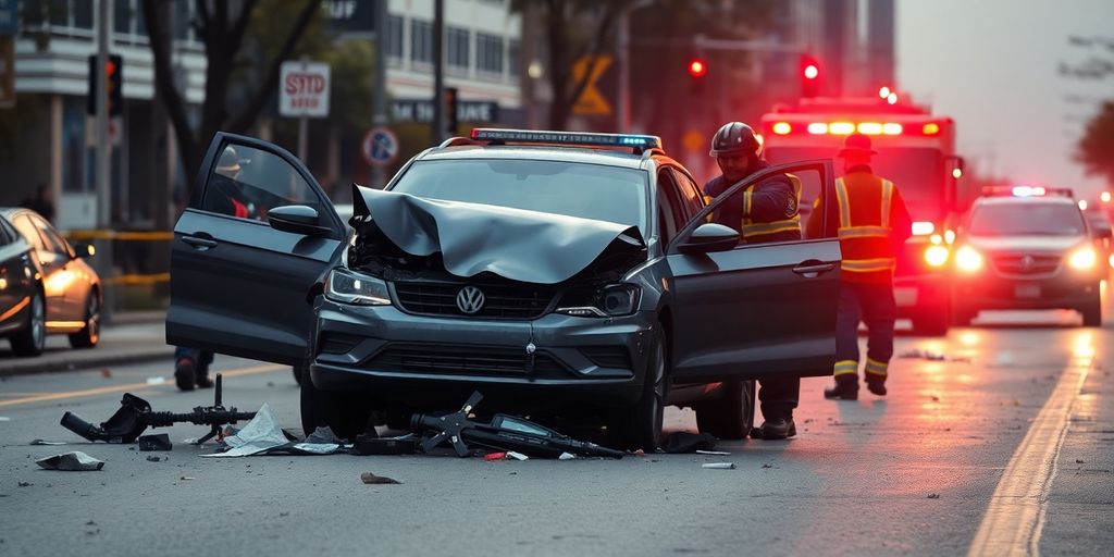 Fahrerflucht: Unfallstelle mit beschädigtem Auto und Rettungskräften.