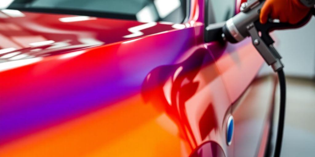 Auto wird lackiert, lebendige Farben und glatte Oberfläche.