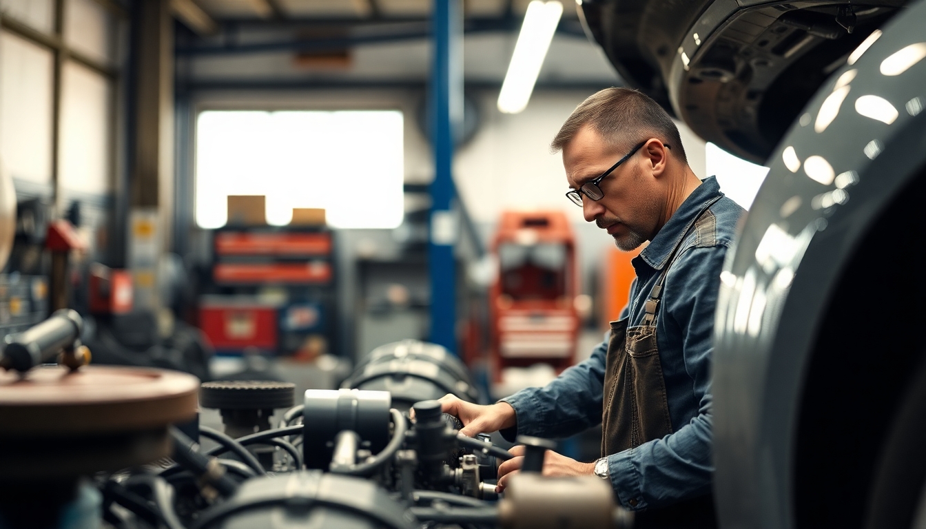 Mechanic in a workshop repairing a vehicle.