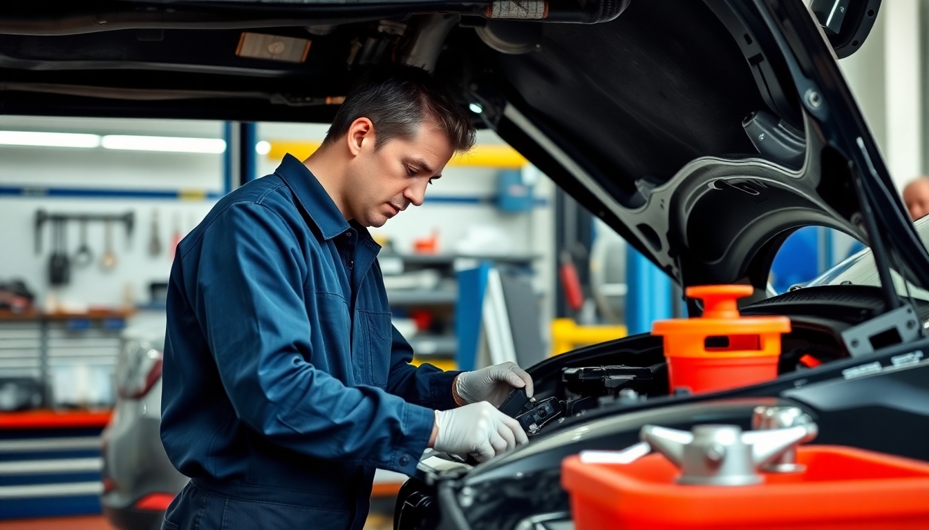 Mechanic in a workshop repairing a vehicle.