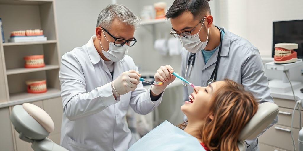 Dentist showing brushing techniques to patient
