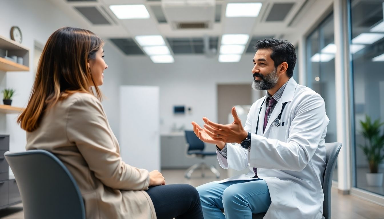 Farbtherapie: Doctor and patient discussing in a bright, modern practice.