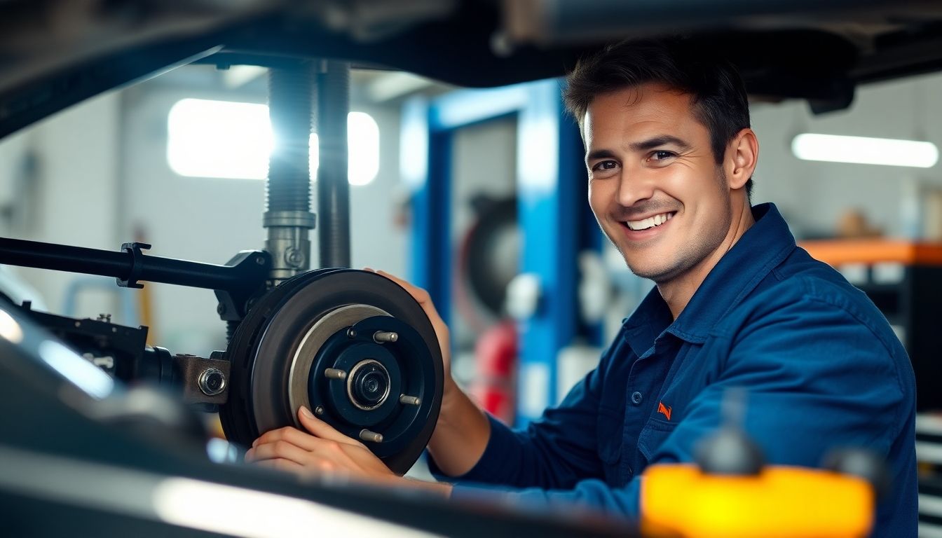 Smiling mechanic inspecting car brakes.