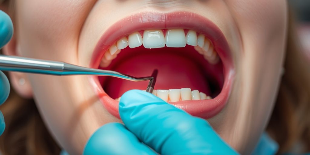 Dentist's hands with tools near patient's gums
