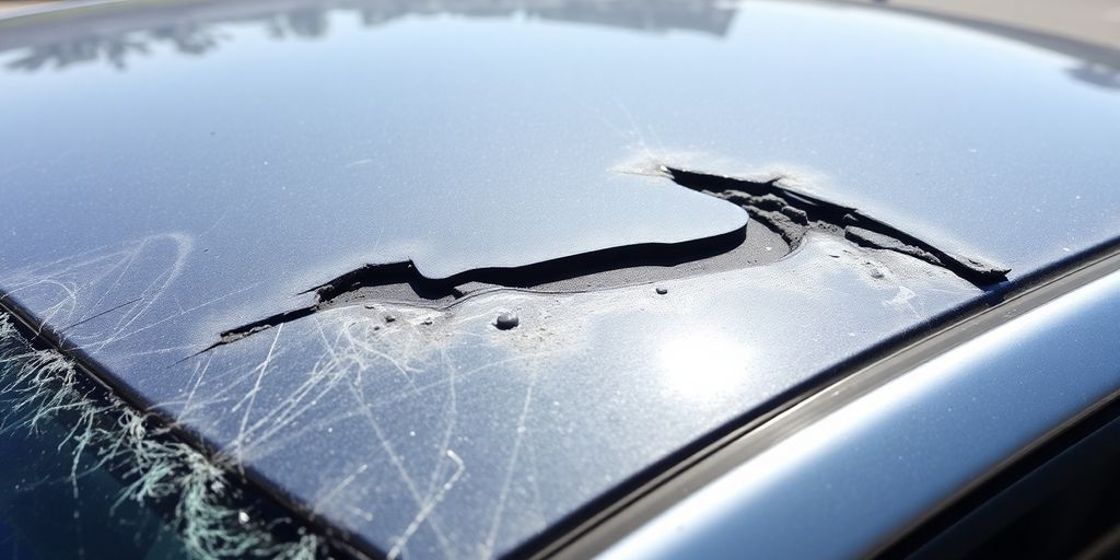 Beschädigtes Autodach mit Dellen und Kratzern.