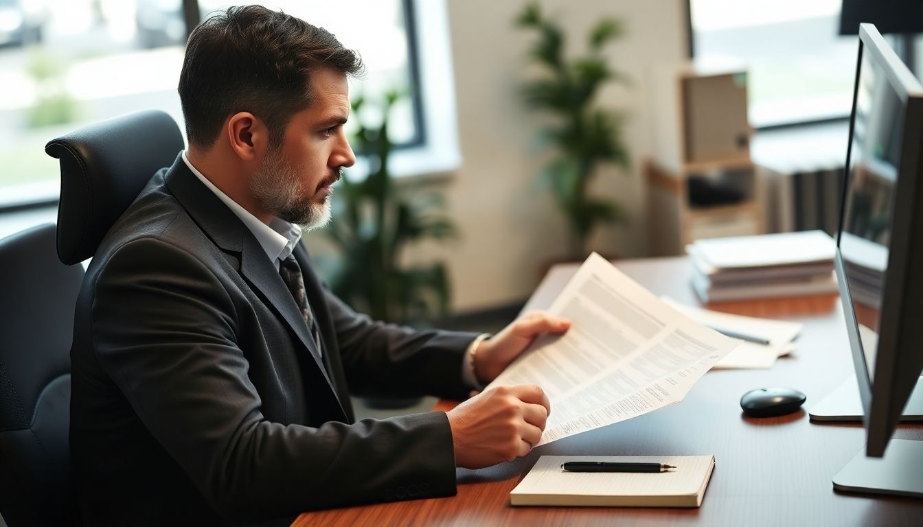 Insurance adjuster at desk handling vehicle damage claims.