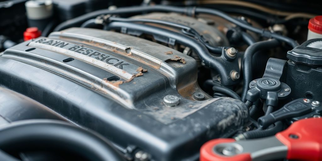 Nahaufnahme eines beschädigten Auto-Motors.