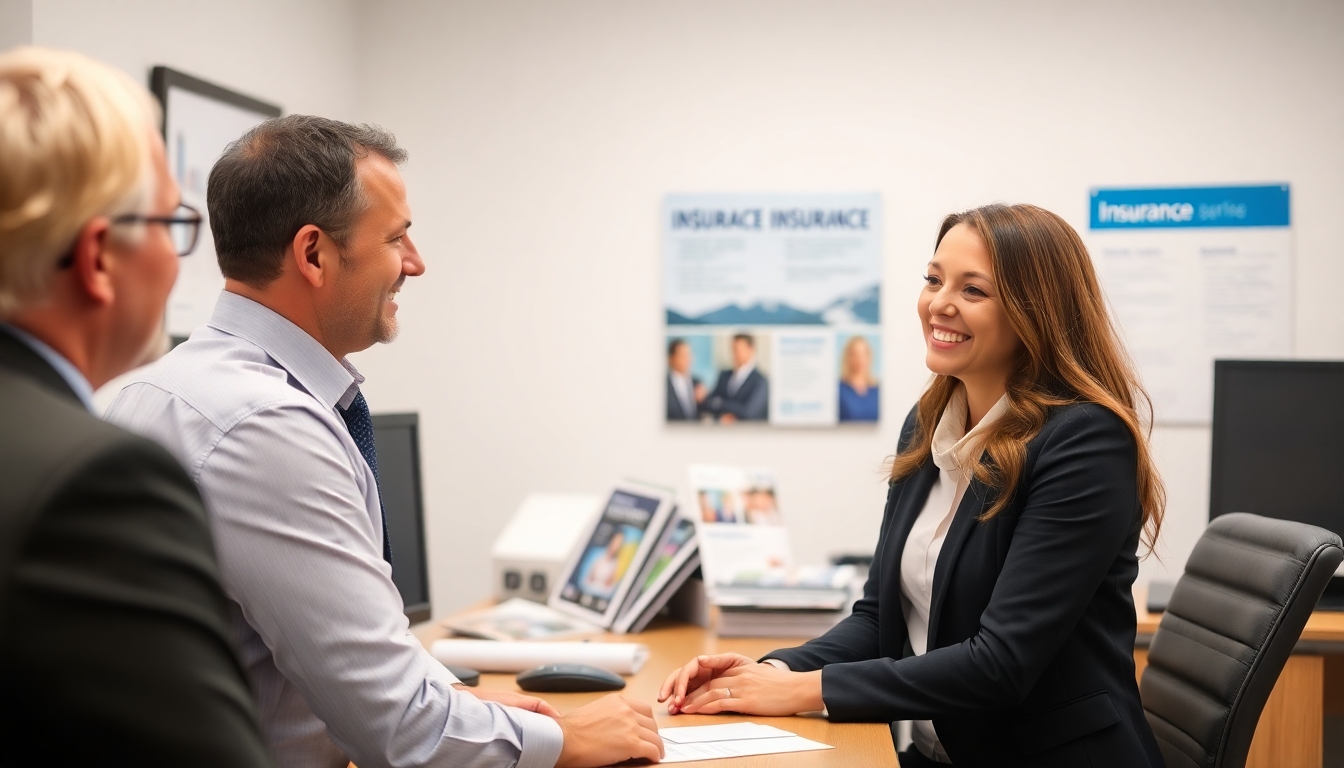 Smiling insurance agent in a professional office setting.