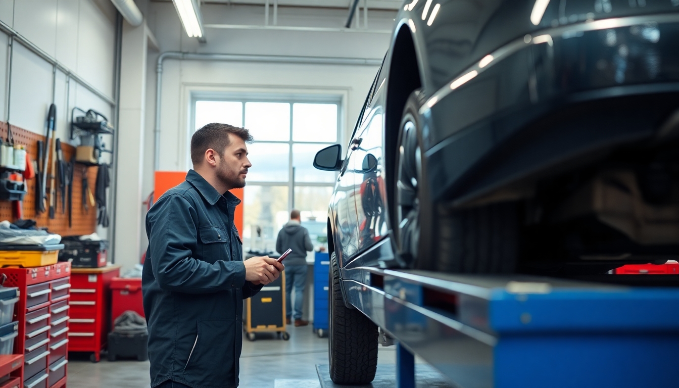 Mechanic inspecting a vehicle in a bright workshop.