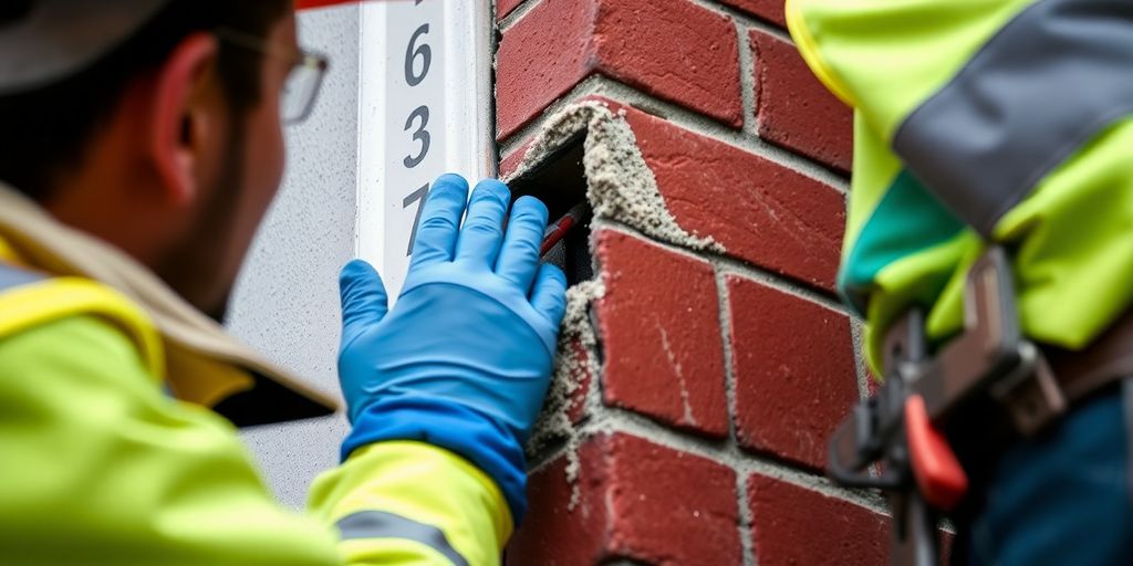 Bauarbeiter prüft Reparatur an einem Gebäude.