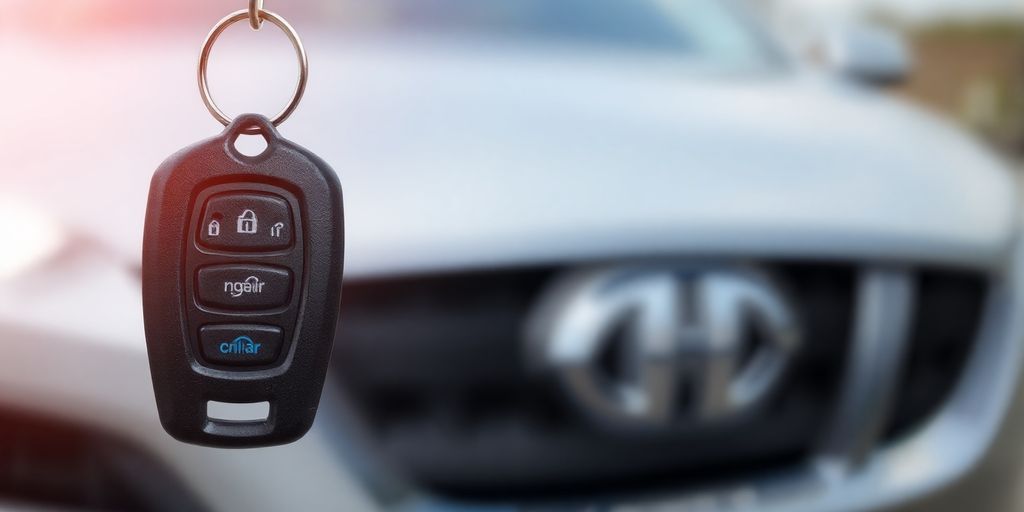 abweichender Halter: Autoschlüssel mit verschwommenem Auto im Hintergrund.