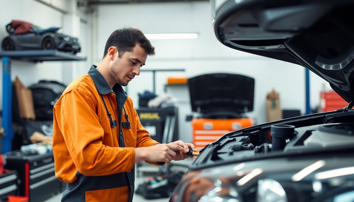 Mechanic at work in a bright workshop.