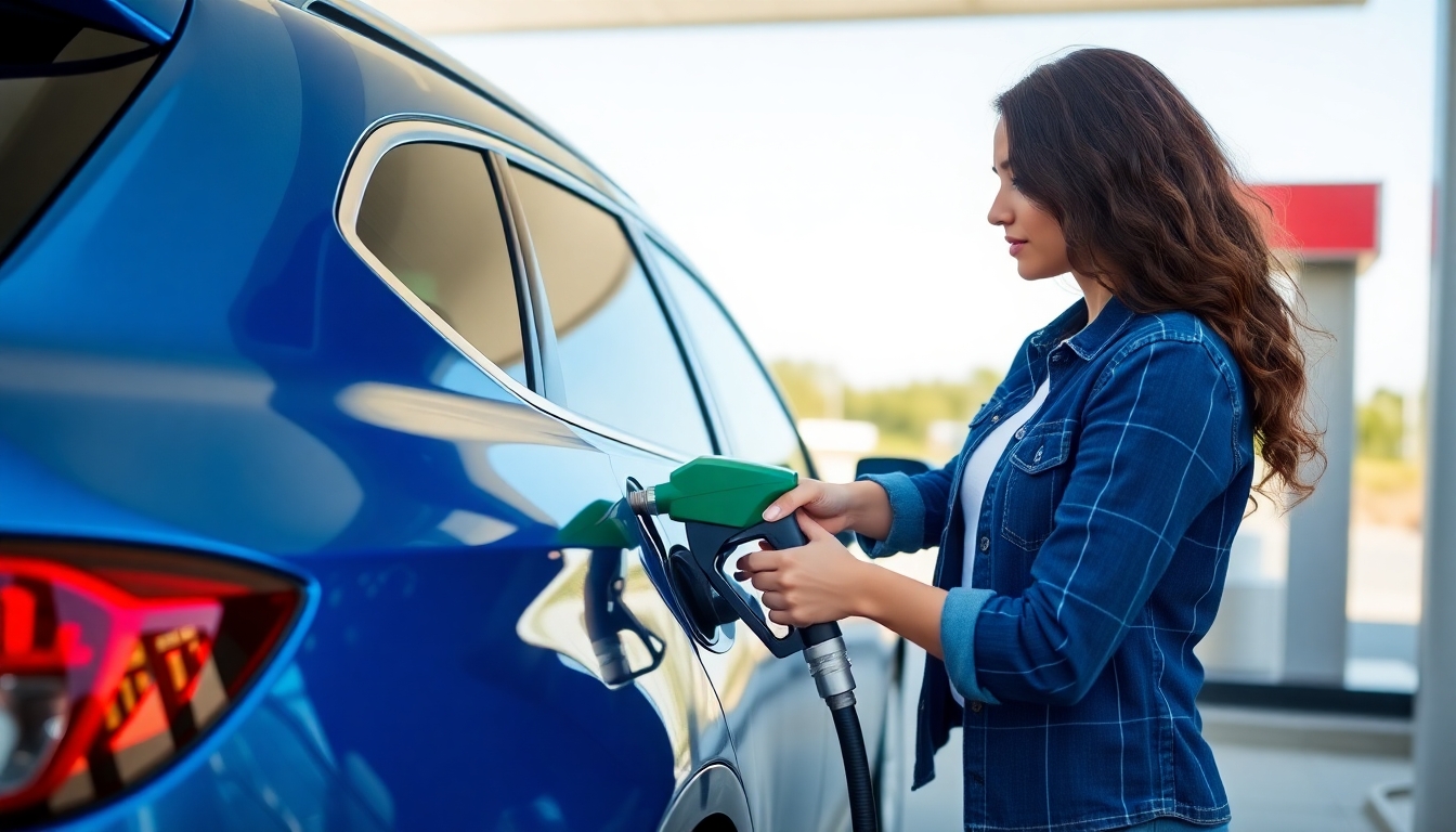 Woman refueling a car at a gas station.