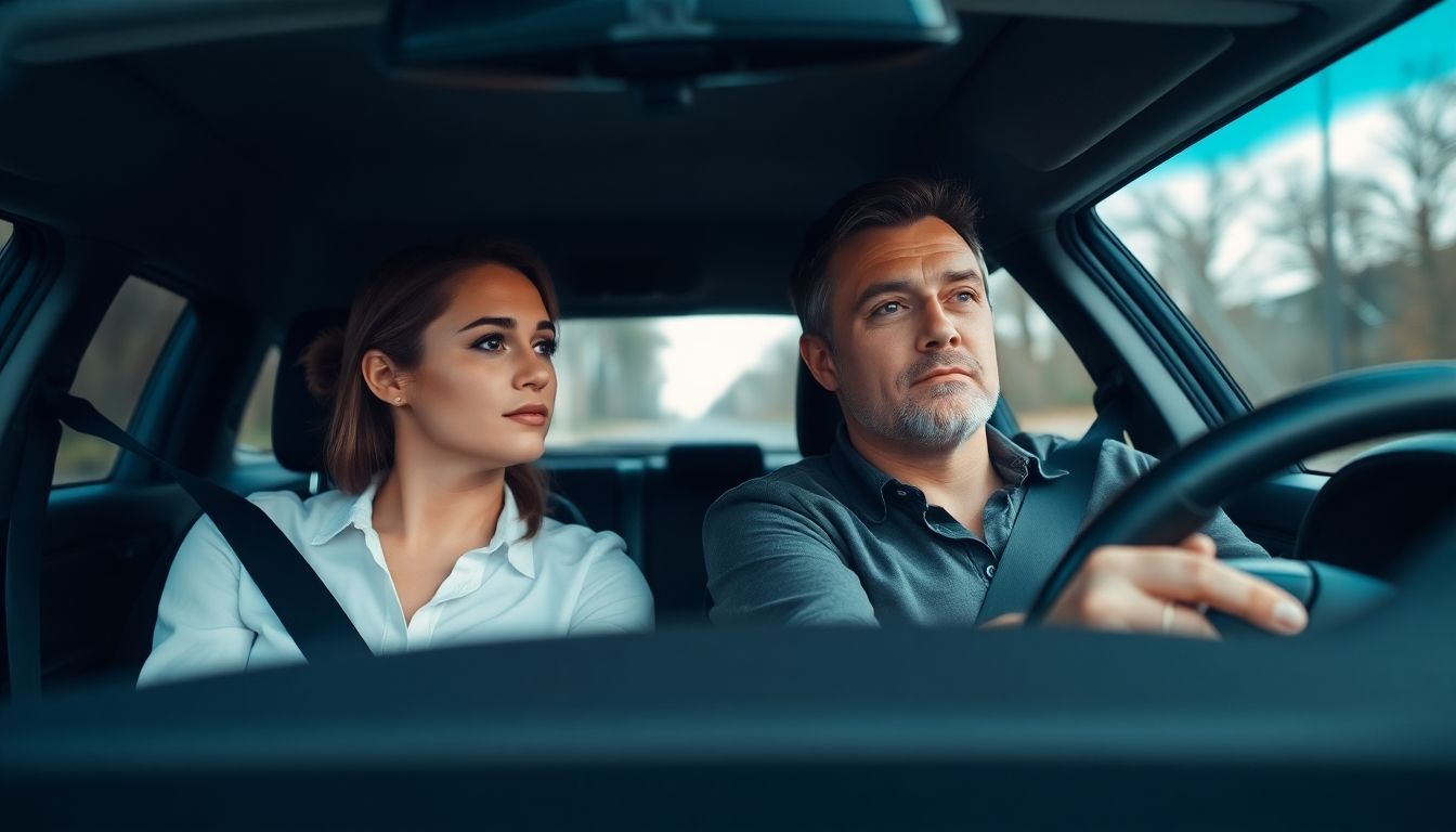 Driver and passenger in a car, focused on the road.