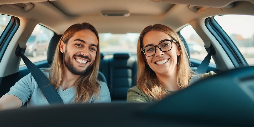 Lächelnde Fahrer und Beifahrer im Auto.