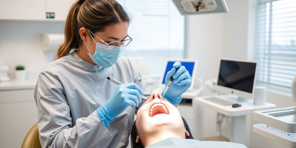 Dentist cleaning patient's teeth in modern office