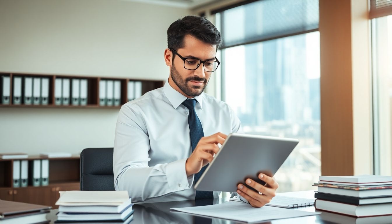 Lawyer with tablet in a modern office setting.