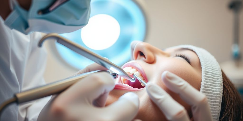 Dentist cleaning patient's teeth