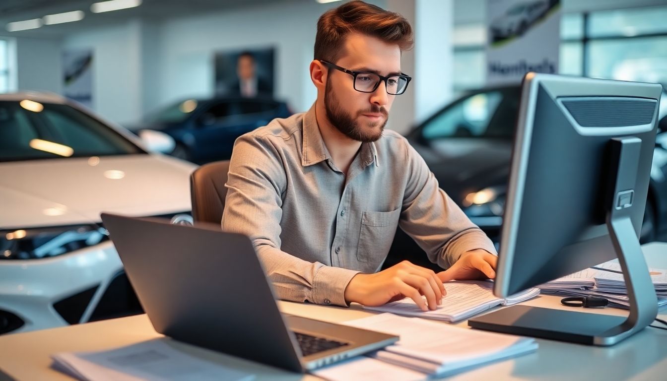 Fahrzeugschein: Autoverkäufer arbeitet am PC