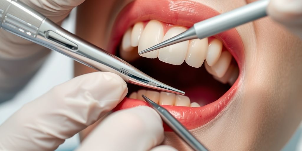 Dentist's hands with tools near clean teeth