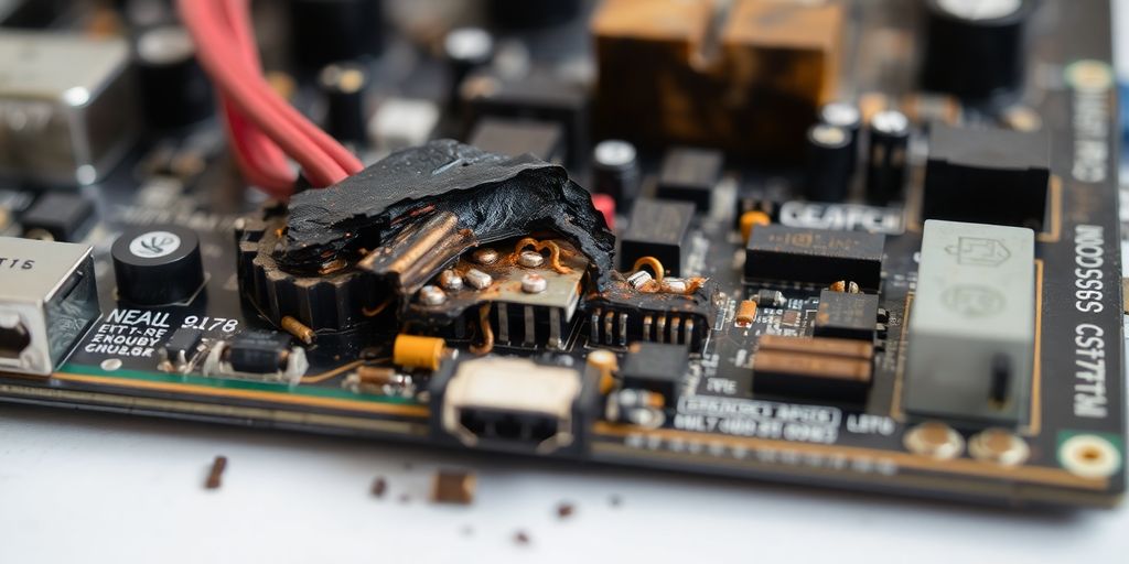 Beschädigtes elektronisches Bauteil mit sichtbaren Schäden.