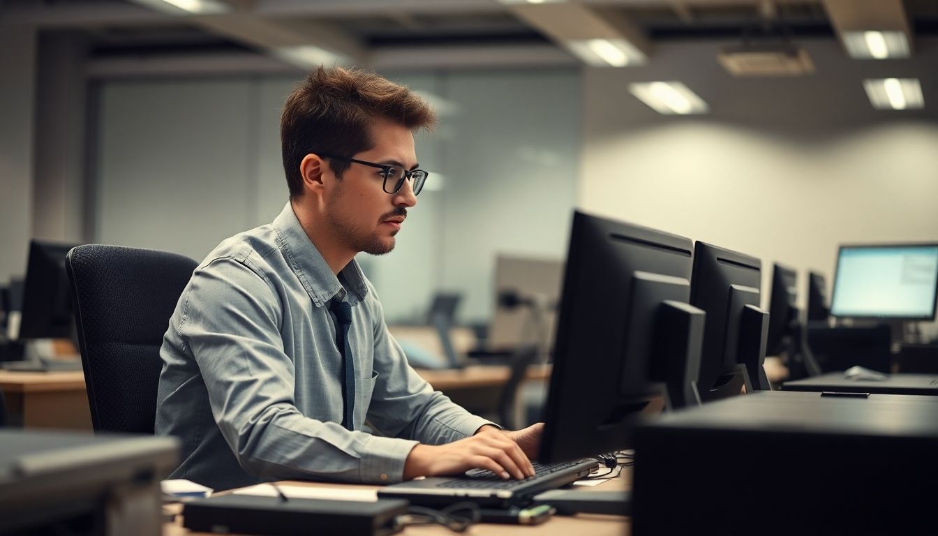 Employee working at a computer in an office setting.