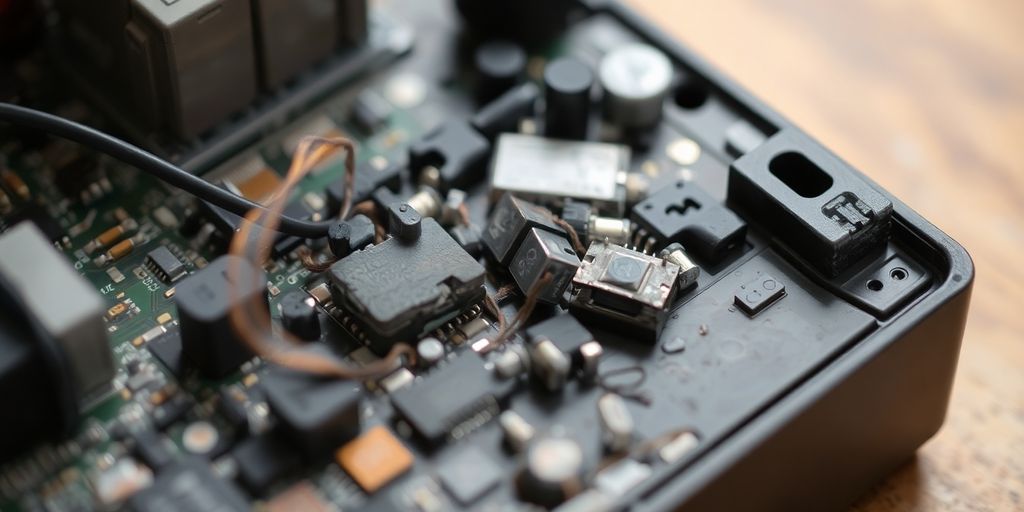 Beschädigtes elektronisches Gerät mit defekten Komponenten.