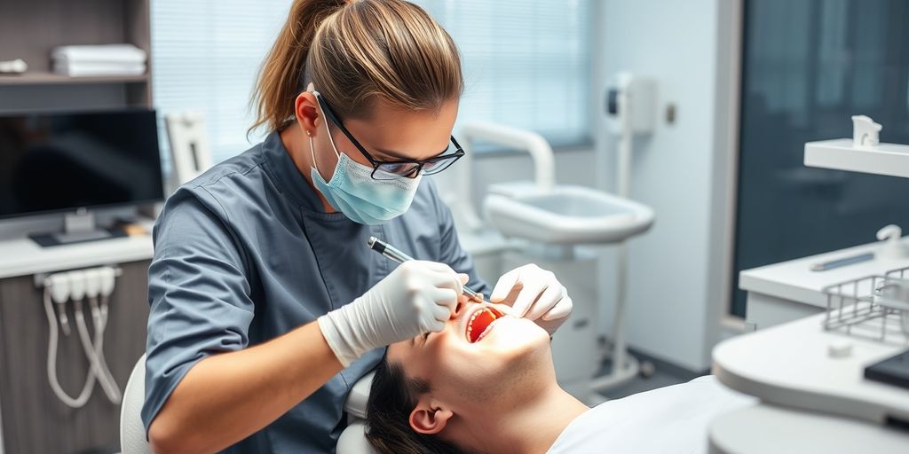 Dentist cleaning patient's teeth in modern clinic